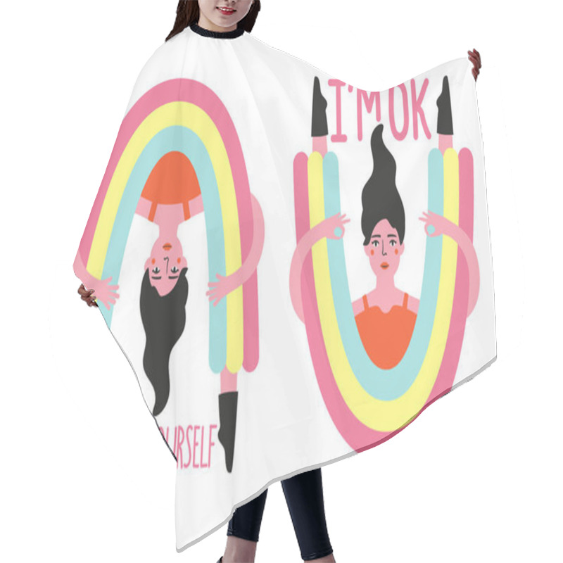 Personality  Vector Set With Girl In Rainbow Style Pants. I'm Okay And Just B Hair Cutting Cape