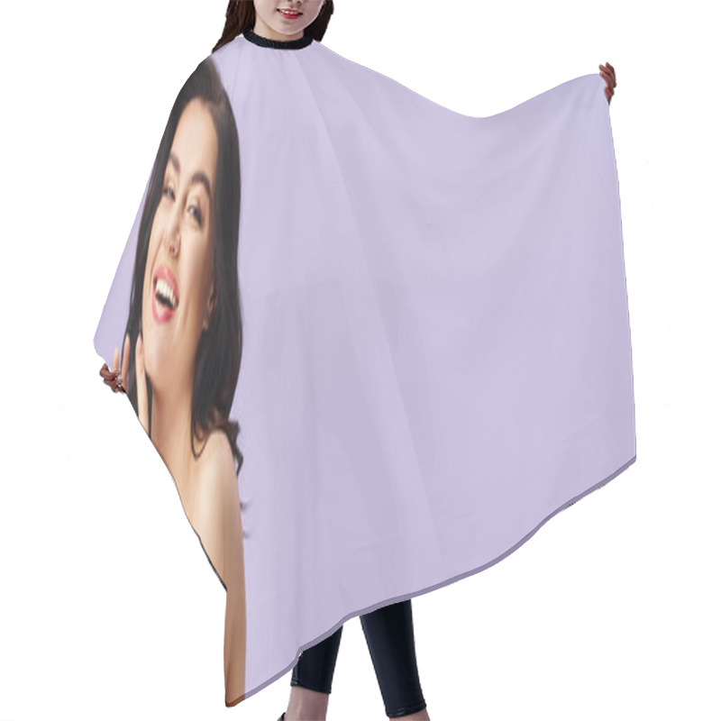 Personality  An Attractive Woman With Natural Beauty Looks Surprised. Hair Cutting Cape