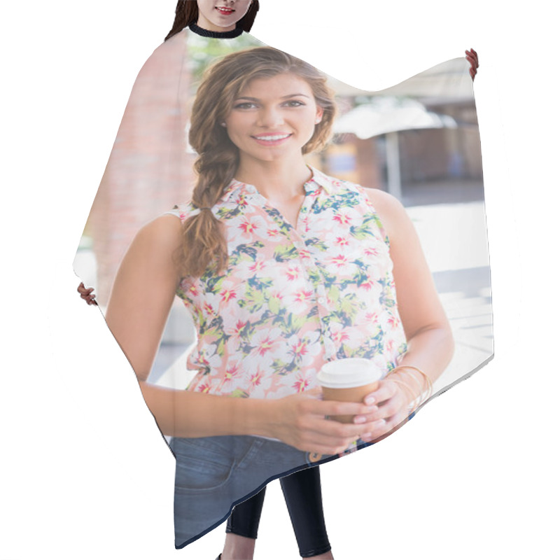 Personality  Portrait Of Smiling Woman With Coffee To Go Hair Cutting Cape