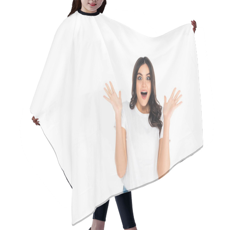 Personality  Astonished Woman In T-shirt Showing Wow Gesture Isolated On White Hair Cutting Cape