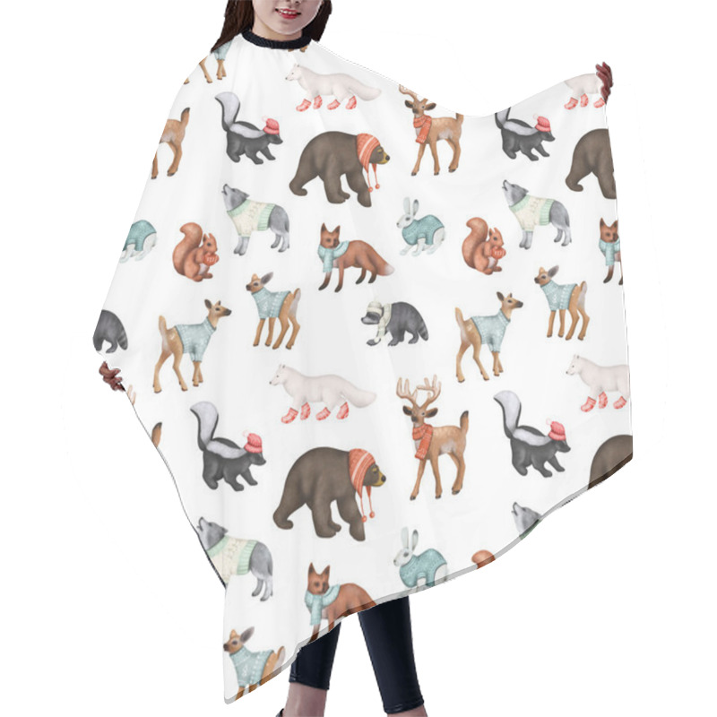 Personality  Seamless Pattern Of Woodland Animals In Winter Clothes, Christmas Cute Characters Print, Illustration On White Background Hair Cutting Cape