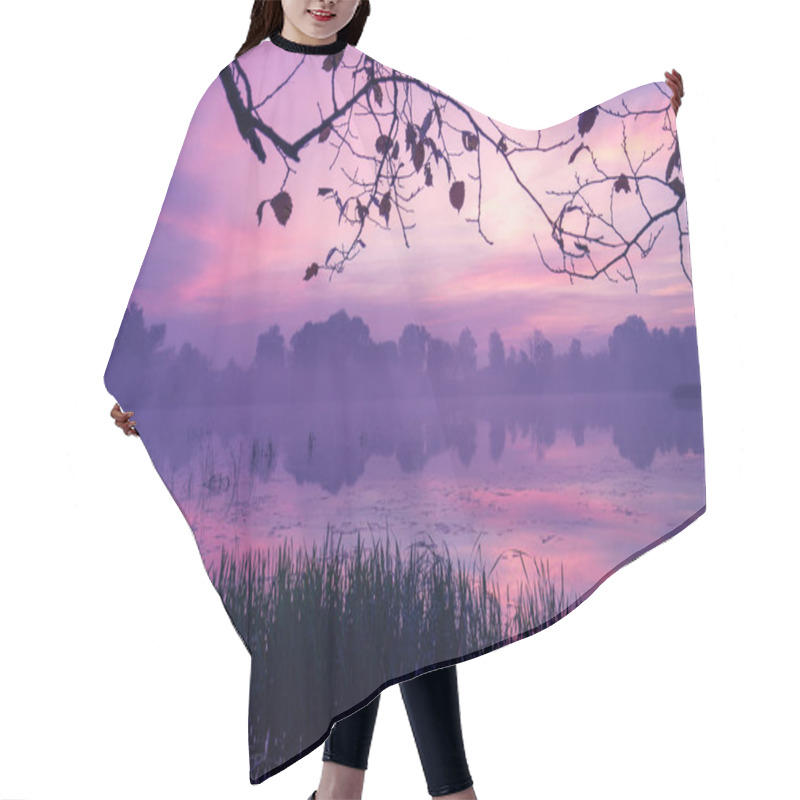 Personality  Magic Sunrise Over The Lake. Misty Early Morning, Rural Landscape, Wilderness, Mystical Feeling. Serenity Lake In Magical Light Hair Cutting Cape