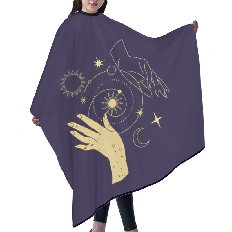 Personality  Spiritual Esoteric Magic Logo Or Talisman With Woman Hands In Silhouette Style With Stars, Sacred Geometry Moon And Sun. Alchemy Mystic Tattoo Object Logo Template. Vector Hair Cutting Cape