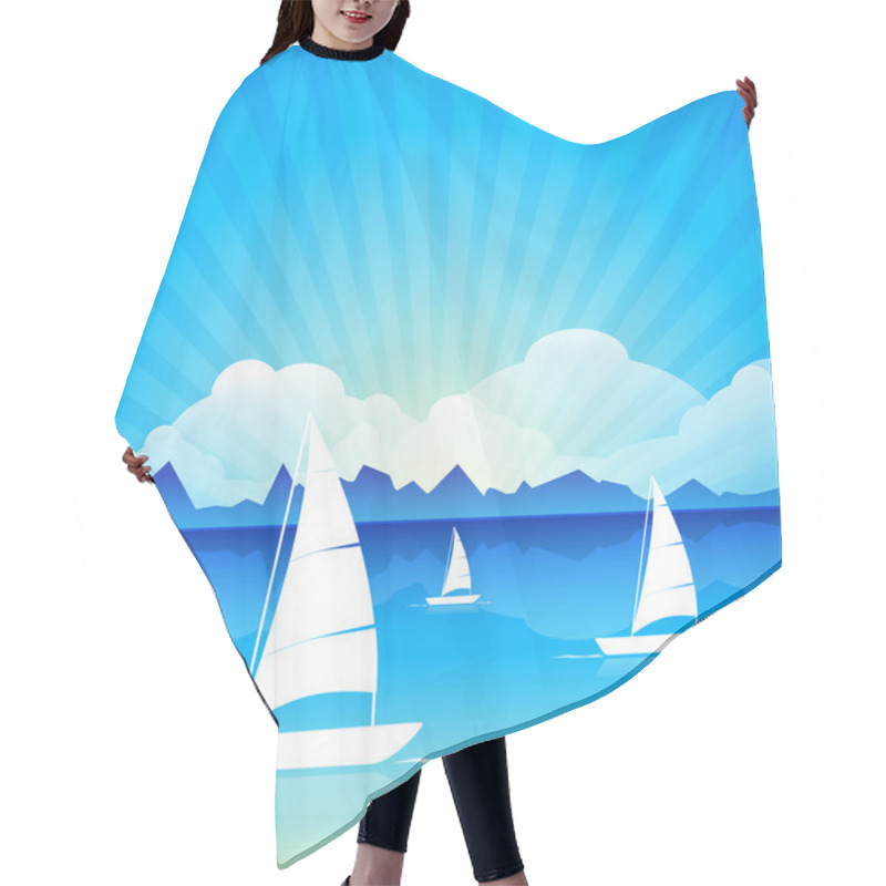 Personality  Vector Illustration Of A Calm Sea With Boats On Beautiful Nature Background. EPS 10 Hair Cutting Cape