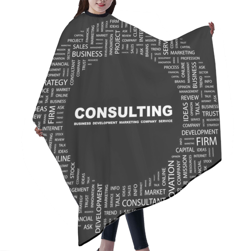 Personality  CONSULTING. Word Collage On Black Background. Hair Cutting Cape