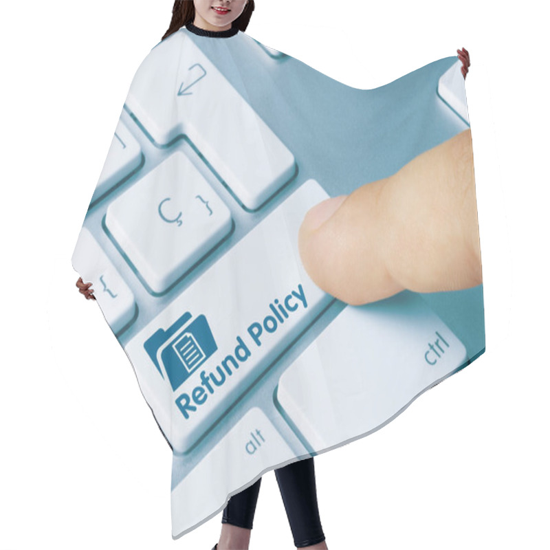 Personality  Refund Policy Written On Blue Key Of Metallic Keyboard. Finger Pressing Key. Hair Cutting Cape