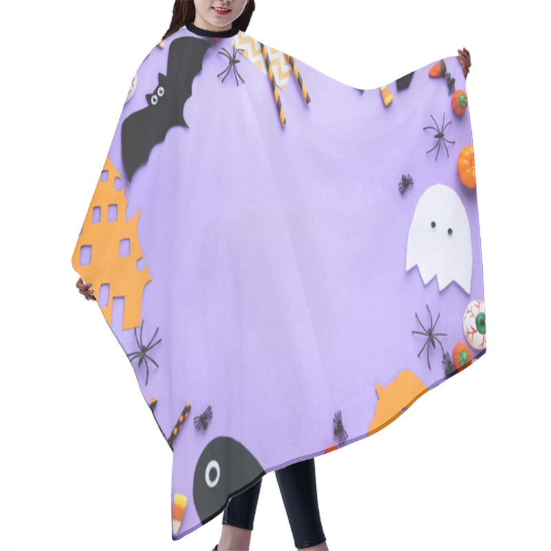 Personality  Halloween Candies With Paper Decorations On Purple Background Hair Cutting Cape