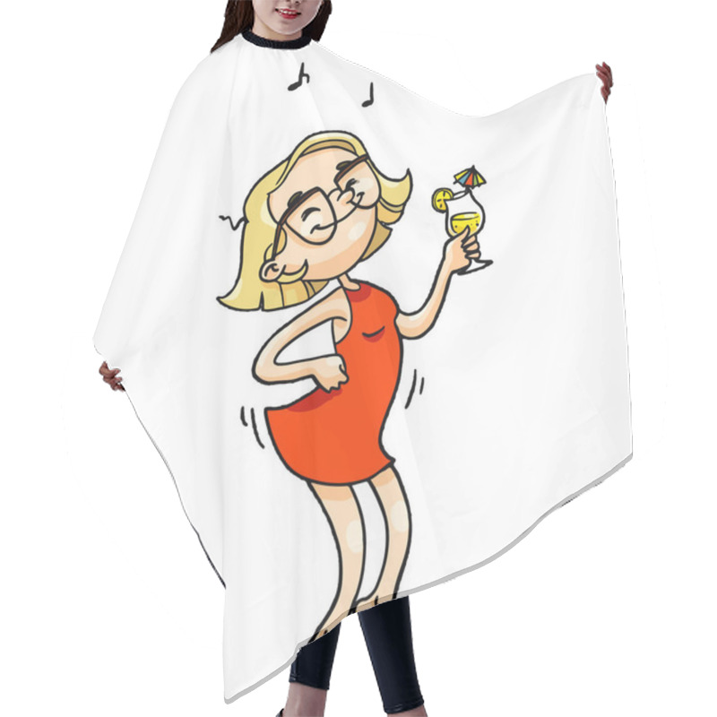 Personality  Cute Dancing Cartoon Girl With Glasses, Red Dress And Cocktail. Vector Isolated Hand Drawn Character Hair Cutting Cape