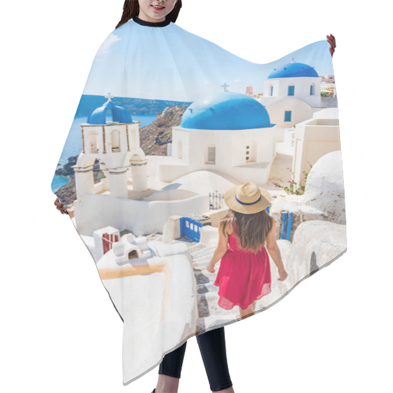 Personality  Travel Europe Tourist Girl Walking In Santorini Stairs Of City Streets, Famous European Destination Three Blue Domes, Famous Greek Landmark. Oia Village, Santorini Island, Luxury Vacation Hair Cutting Cape