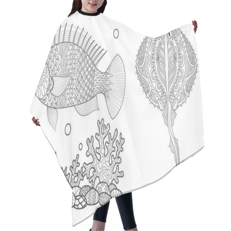 Personality  Coloring Page For Adult Colouring Book. Underwater World With Stingray Shoal, Tropical Fishes And Ocean Plants. Antistress Freehand Sketch Drawing With Doodle And Zentangle Elements. Hair Cutting Cape