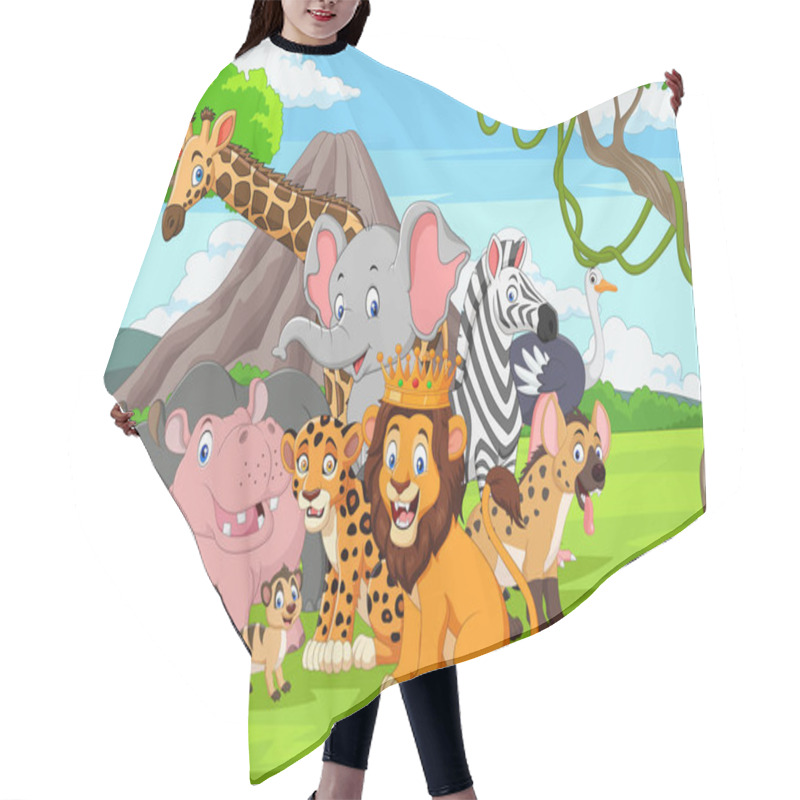 Personality  Vector Illustration Of Cartoon Wild Animals In The Jungle Hair Cutting Cape