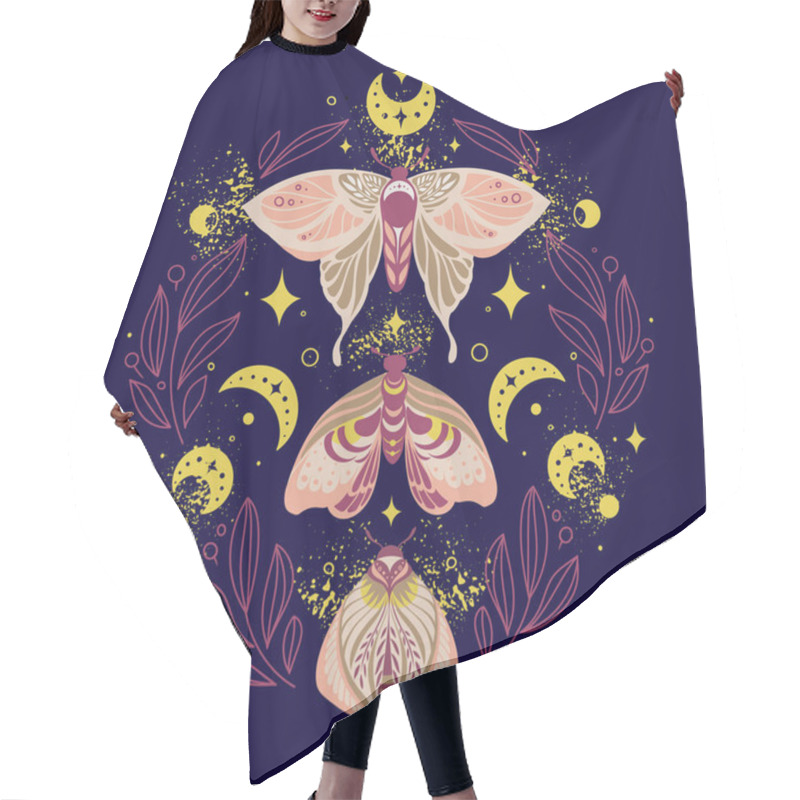 Personality  Composition Of Three Butterfly Night Moths In A Frame Of Twigs With Crescents, Stars And Fairy Dust On Dark Background. Vector Symmetric Celestial Boho Print Hair Cutting Cape