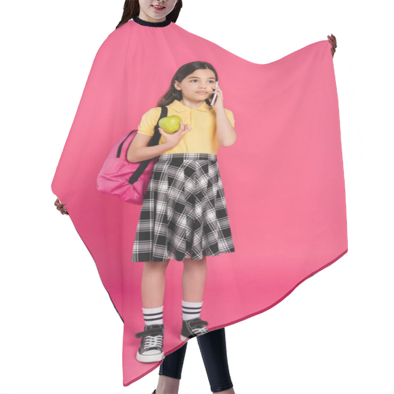 Personality  Brunette Schoolgirl Talking On Smartphone On Pink Background, Phone Call, Apple And Backpack Hair Cutting Cape