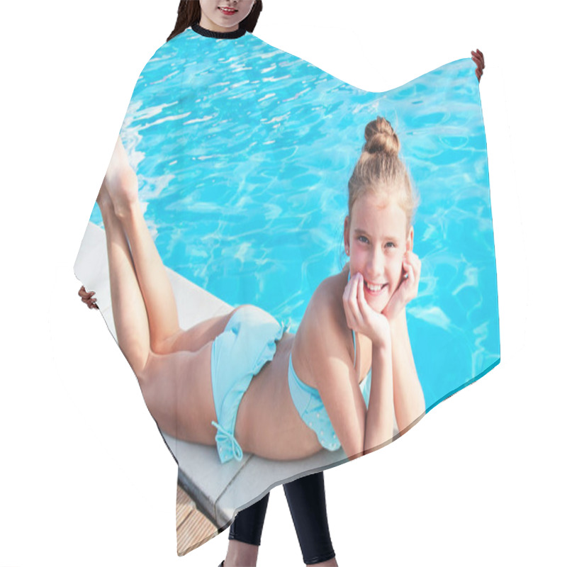 Personality  Cute Smiling Little Girl Child Lying Near Swimming Pool And Havi Hair Cutting Cape