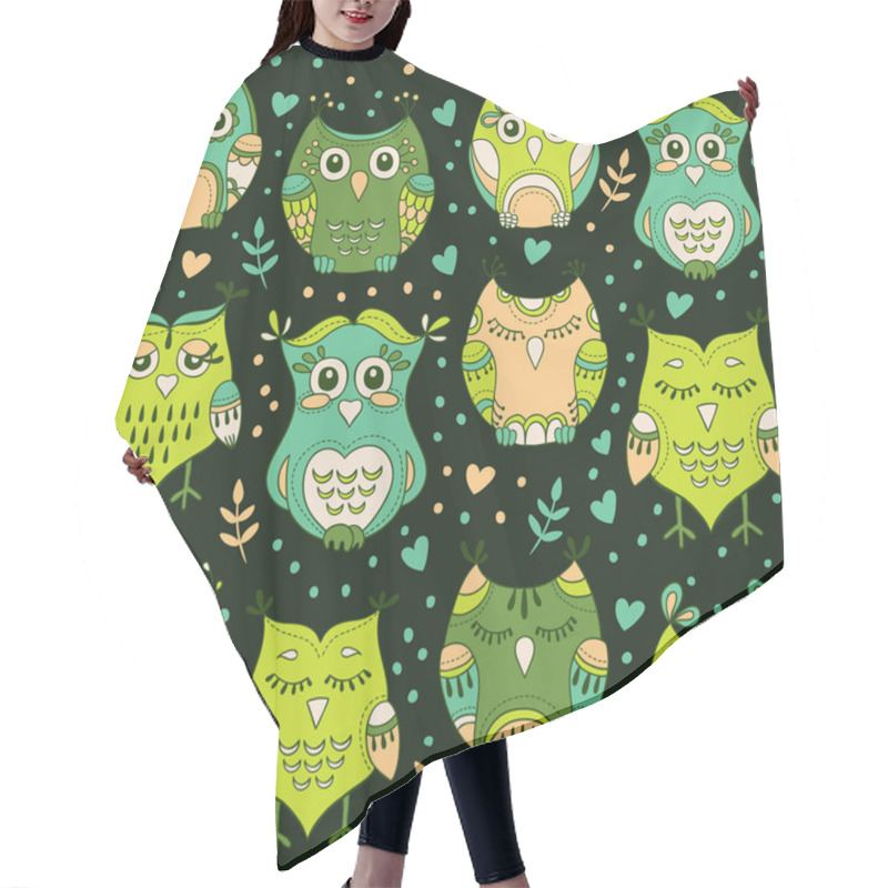 Personality  Cute Forest Owls Vector Seamless Pattern. Hand Drawn Lovely Birds Background In Colors Of Green. Sweet Characters Design Texture In Doodle Style Hair Cutting Cape