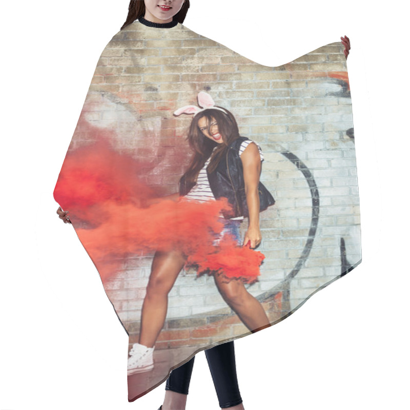 Personality  Sexy Woman In Rabbit Ears Waving Red Smoke Bombs Hair Cutting Cape