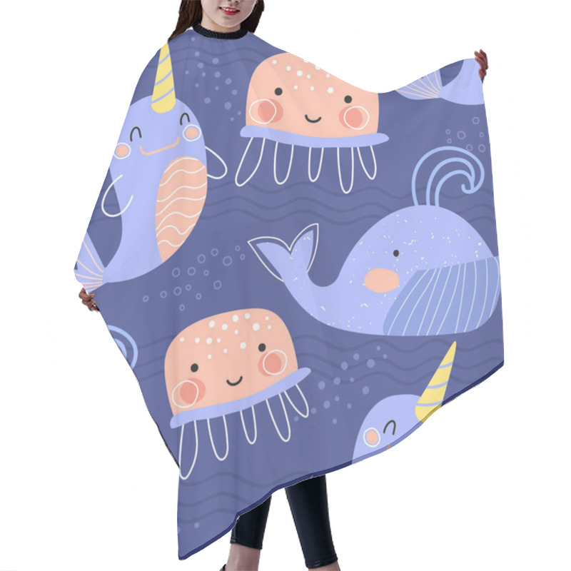 Personality  Pretty Blue And Pink Background Pattern Of Sea Life With Baleen Whales And Narwhals Interspersed With Jellyfish In Square Format For Tiles Or Print Hair Cutting Cape