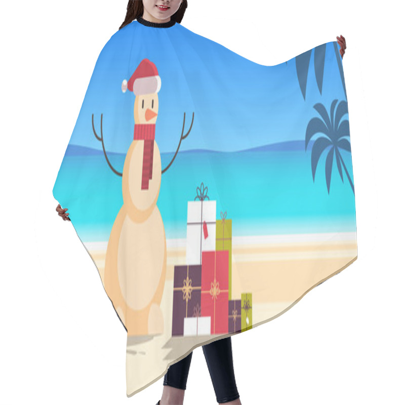 Personality  Sandy Christmas Snowman With Gift Present Boxes Happy New Year Vacation Holiday Celebration Concept Tropical Beach Seascape Background Full Length Flat Horizontal Hair Cutting Cape