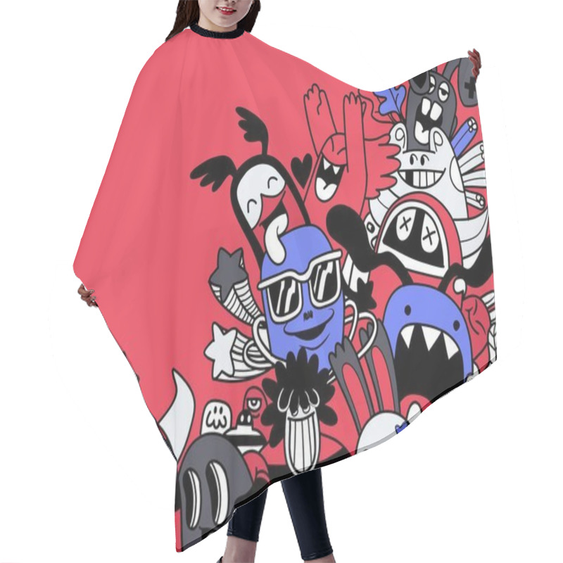 Personality  A Vibrant Illustration Of Cartoon Doodle Characters With Varied Expressions On A Bold Red Background, Showcasing Playful And Whimsical Designs Hair Cutting Cape