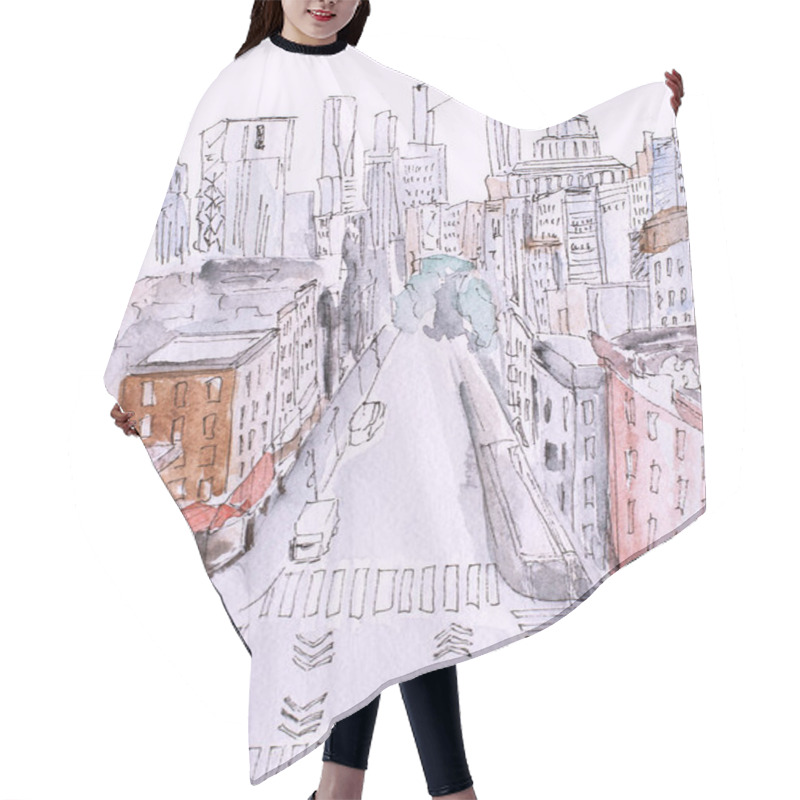 Personality  Watercolor Painting Of Street View Of New York, Modern Artwork, American City, Illustration New York. Hair Cutting Cape