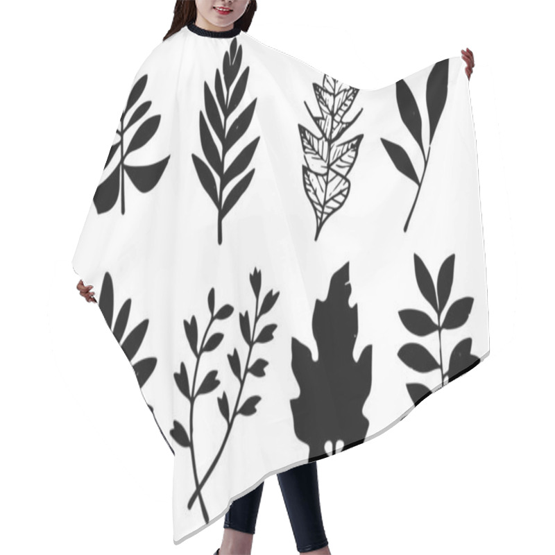 Personality  Set Of Lino Cut Vector Stamp Black Leaves And Branch Imprints On White Background. Hand Drawn Floral Elements Hair Cutting Cape