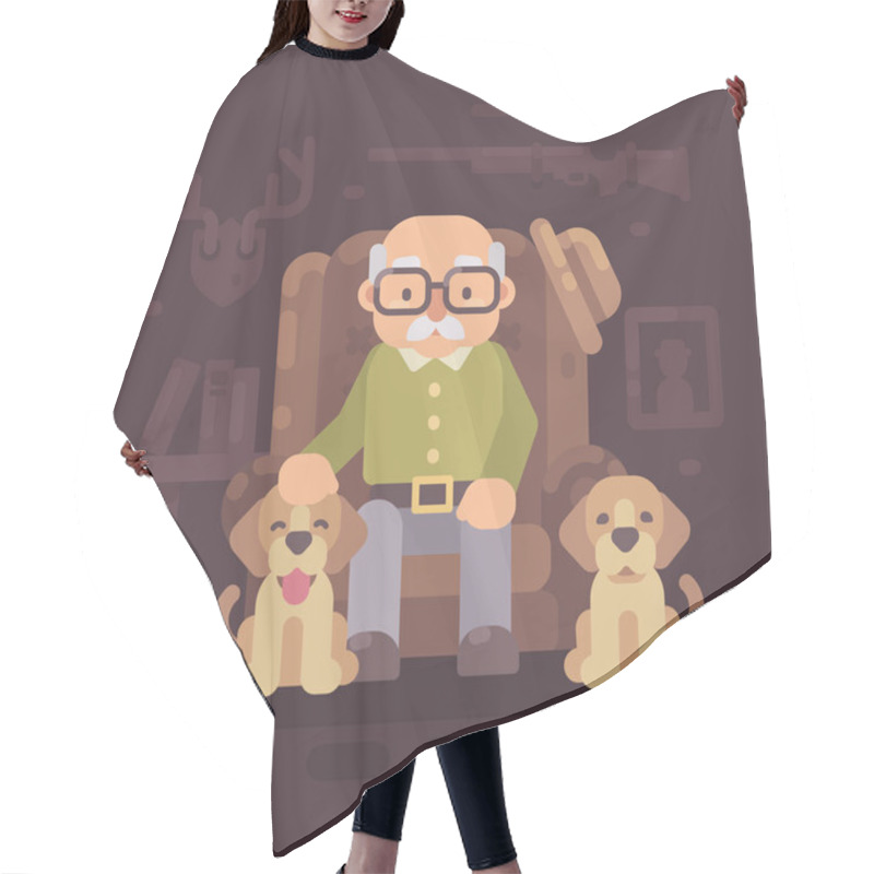 Personality  Old Man Resting In Armchair With His Two Dogs. Senior Hunter Sitting With Puppies. Grandfather Flat Illustration Hair Cutting Cape