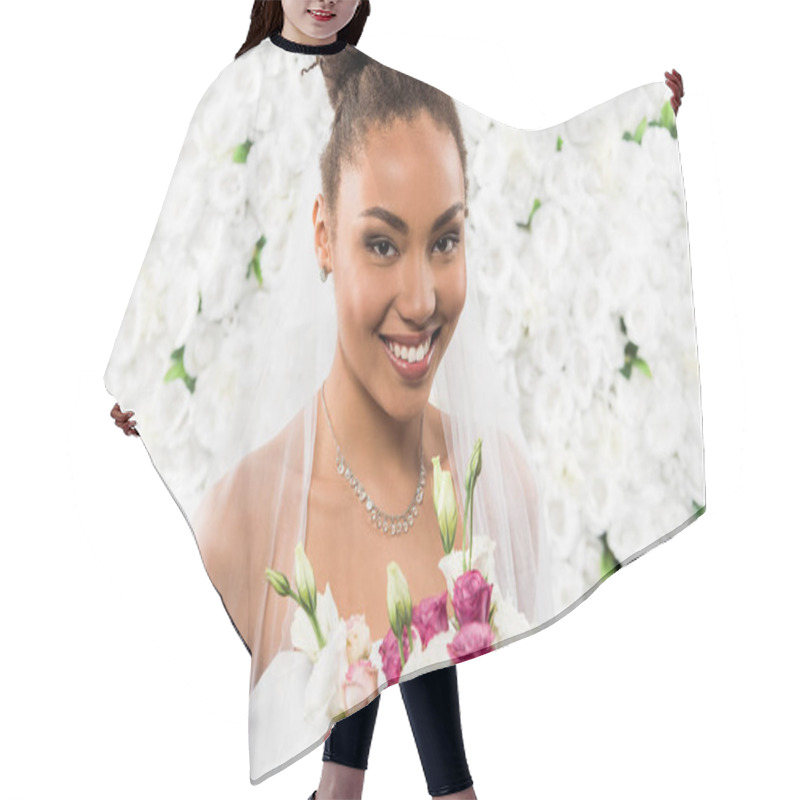 Personality  Cheerful African American Bride In Veil Holding Bouquet Of Flowers  Hair Cutting Cape