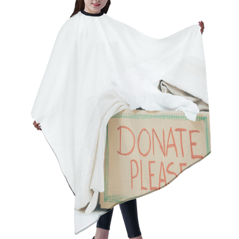 Personality  Cardboard Box With Inscription And Donated Clothes On White Hair Cutting Cape