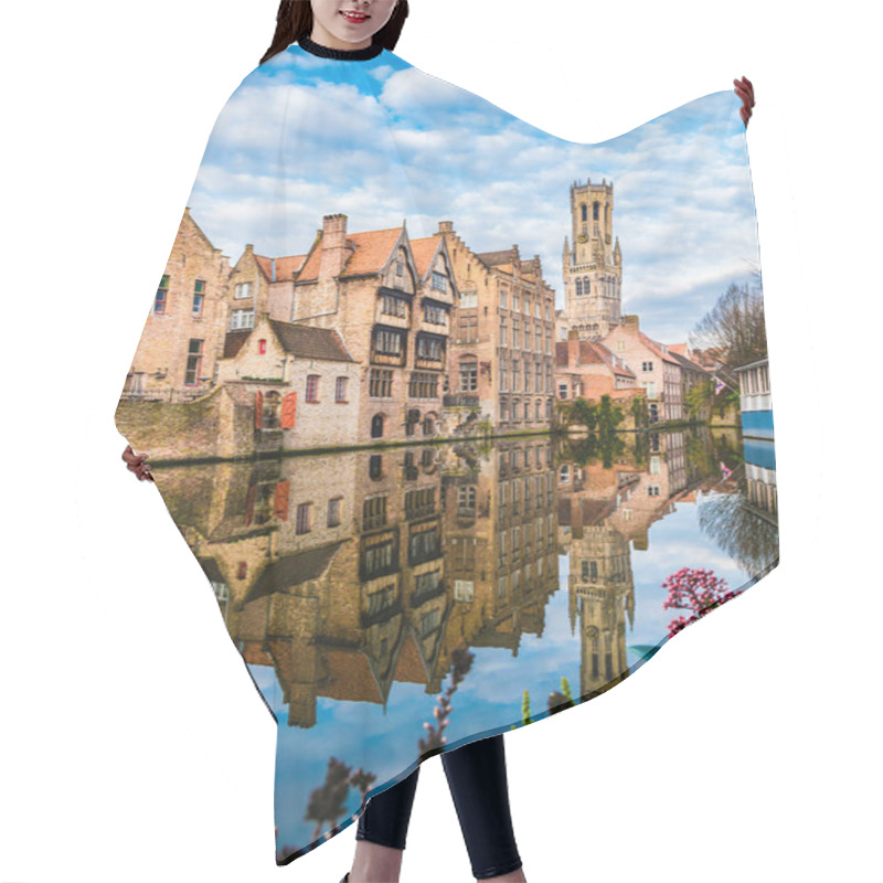 Personality  Landscape With Famous Belfry Tower And Medieval Buildings Along A Canal In Bruges, Belgium Hair Cutting Cape