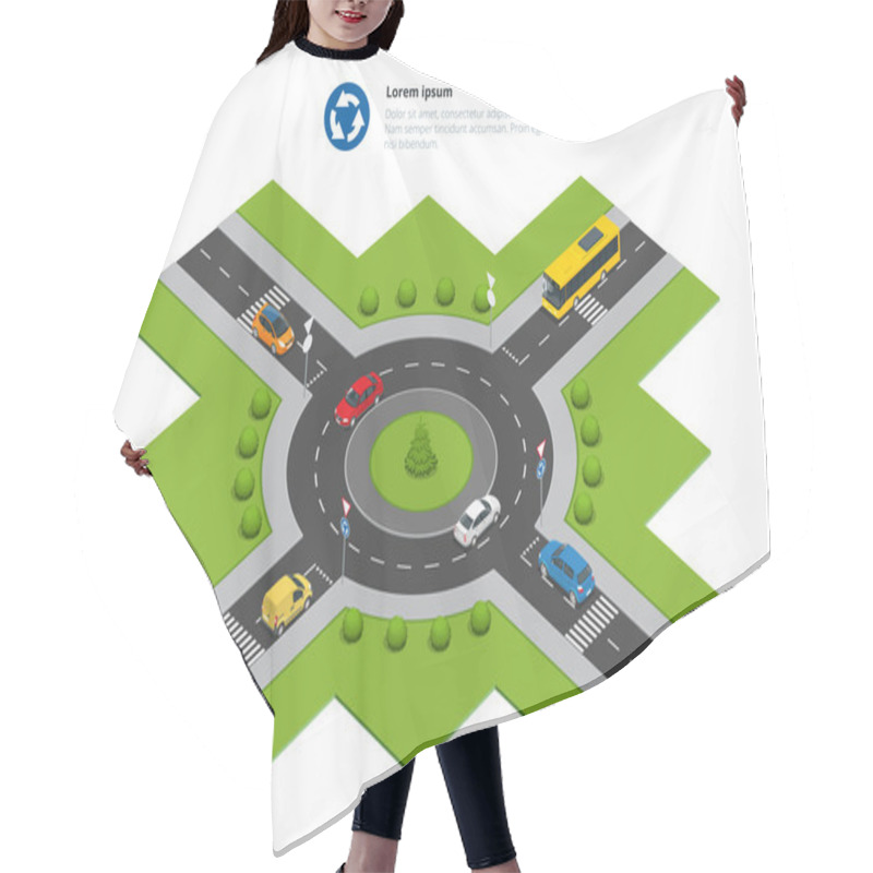 Personality  Roundabout, Cars, Roundabout Sign And Roundabout Road. Asphalted Road Circle. Vector Isometric Illustration For Infographics. City Traffic. Hair Cutting Cape