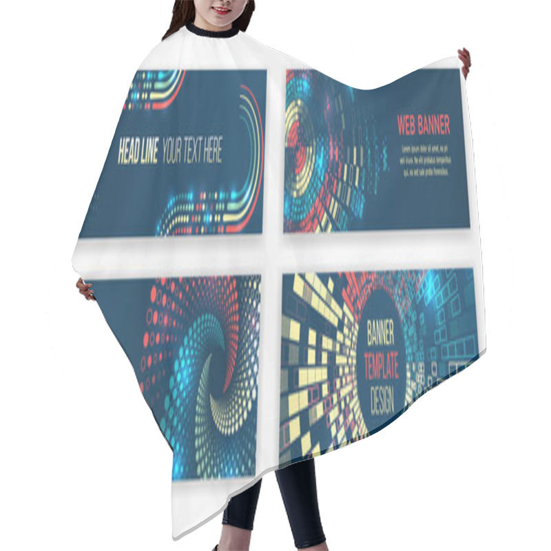 Personality  Set Of Hi-tech Banner Templates For Websites. Abstract Social Media Cover Design. Big Data Futuristic Web Background. Visualization Of Data Arrays, Databases. Information Flow, Sorting. Hair Cutting Cape