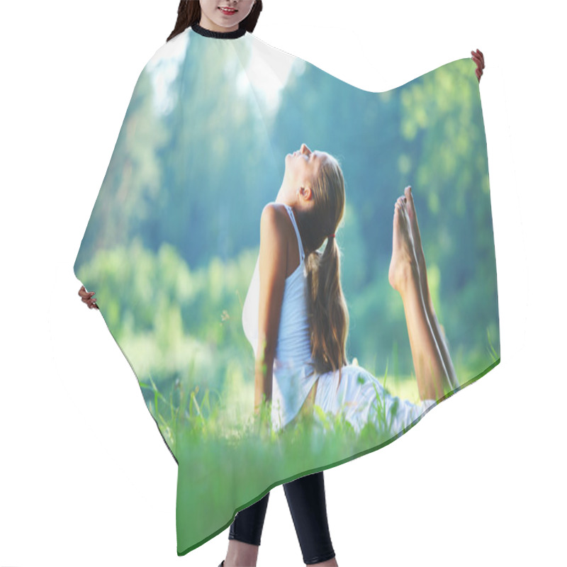 Personality  Yoga Woman On Green Park Background Hair Cutting Cape