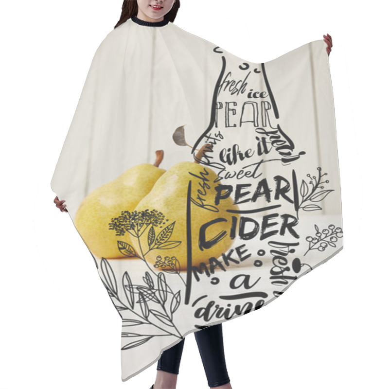 Personality  Two Yellow Organic Pears On Wooden Background With Illustration Of Cider Bottle And Flowers Hair Cutting Cape