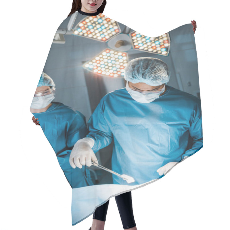 Personality  Nurse And Surgeon In Uniforms And Medical Masks Doing Operation  Hair Cutting Cape