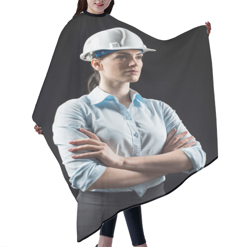 Personality  Female Architect In Helmet Hair Cutting Cape