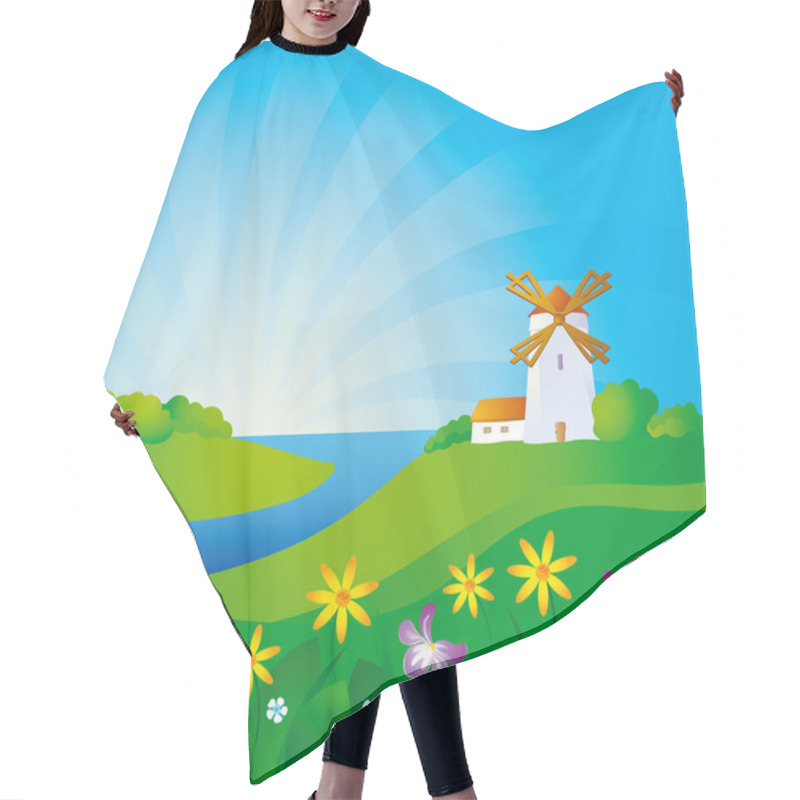 Personality  Rural Background With Windmill Hair Cutting Cape