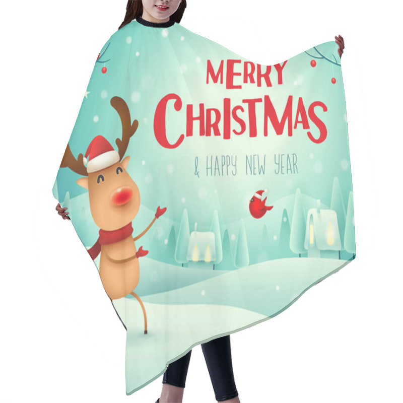 Personality  Merry Christmas! The Red-nosed Reindeer Greets In Christmas Snow Scene Winter Landscape. Hair Cutting Cape