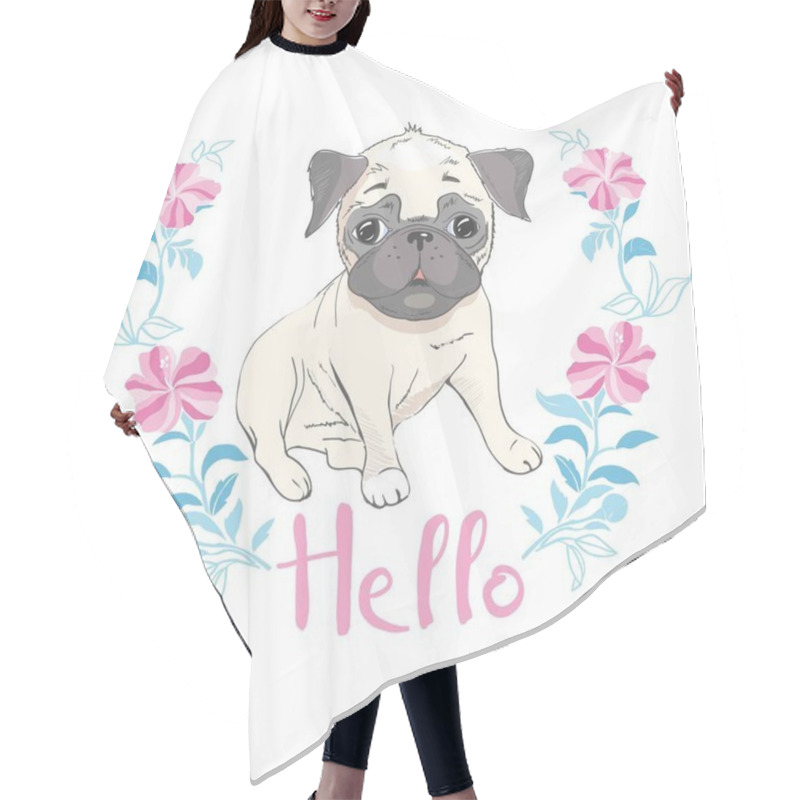 Personality  Puppy Pug In A Headband On Pink Background. Vector Illustration. Hair Cutting Cape