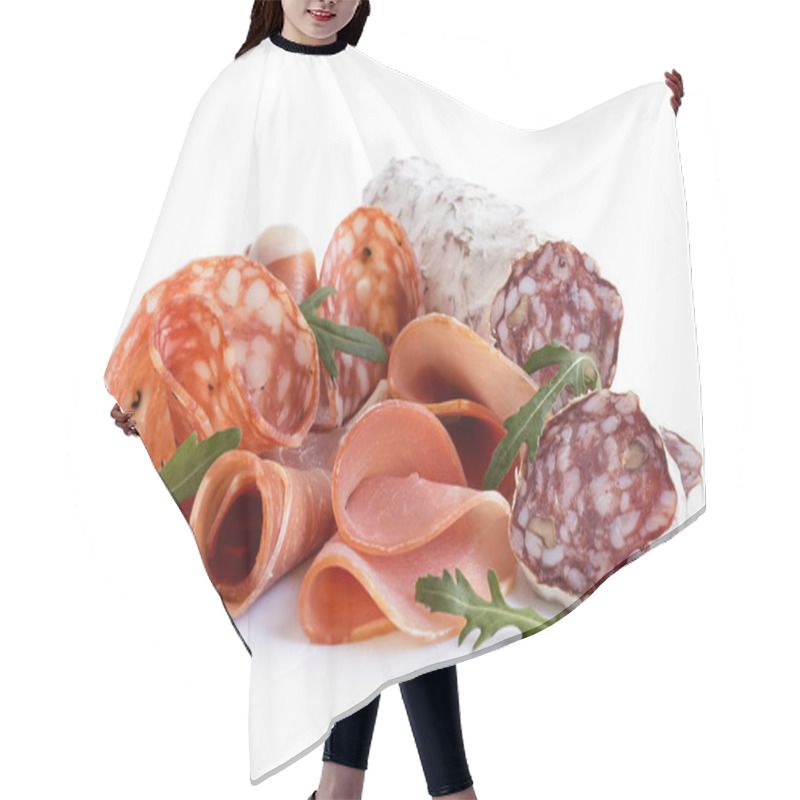 Personality  Mixed Air Cured Sliced Meats Isolated On White. Rocket Garnish. Hair Cutting Cape