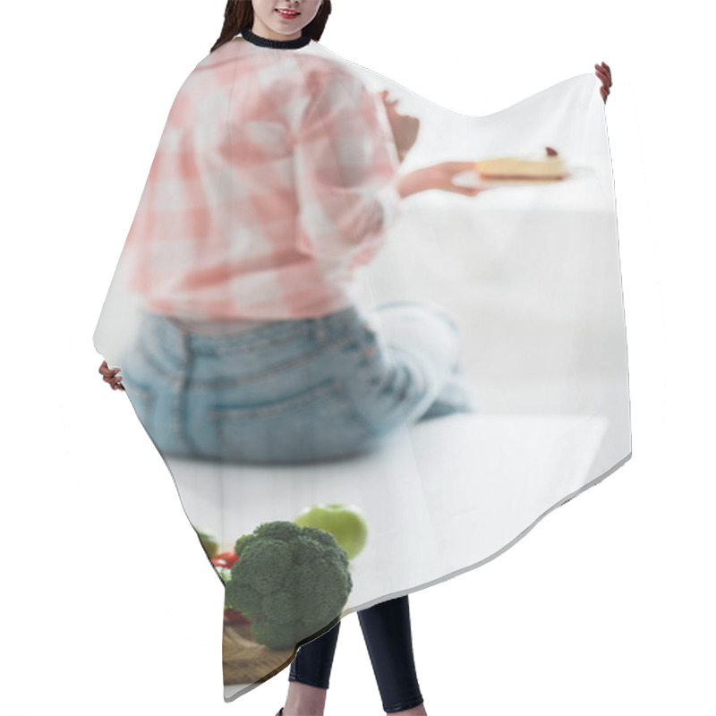 Personality  Organic Fruits And Vegetables Near Woman Holding Sweet Cake  Hair Cutting Cape