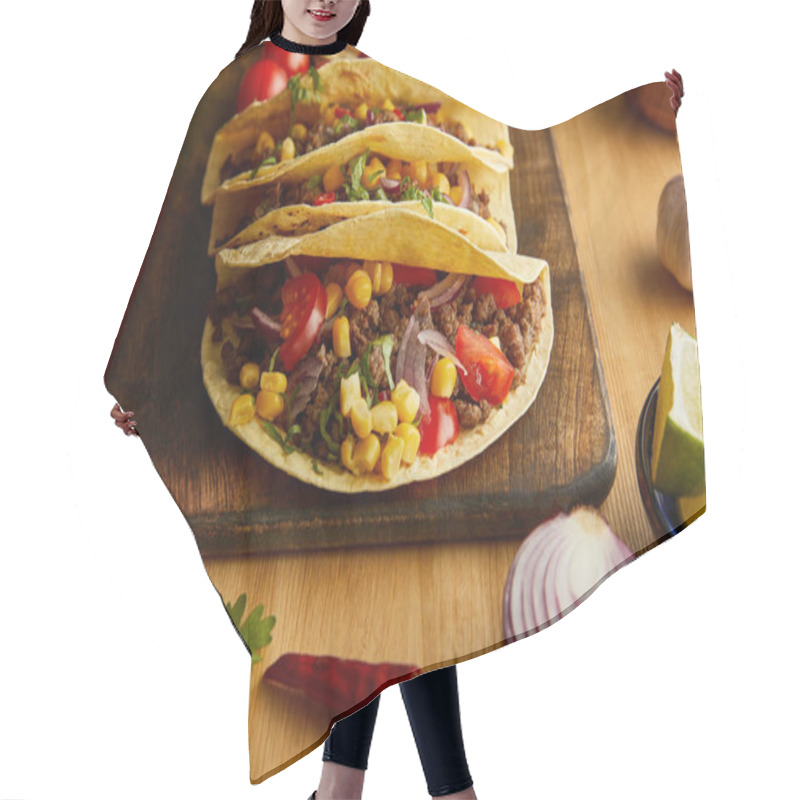 Personality  Traditional Mexican Tacos With Ripe Vegetables On Wooden Table Hair Cutting Cape