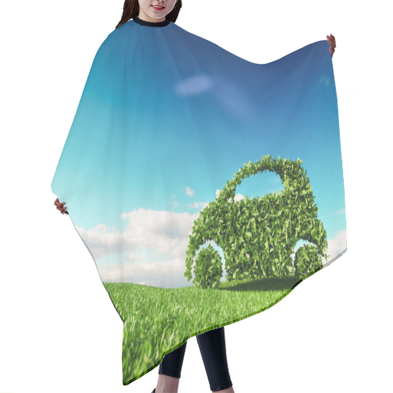 Personality  Eco Friendly Car Development, Clear Ecology Driving, No Pollution And Emmission Transportation Concept. 3d Rendering Of Green Car Icon On Fresh Spring Meadow With Blue Sky In Background. Hair Cutting Cape