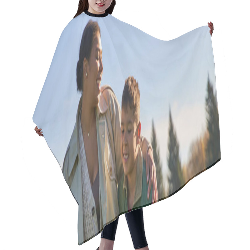 Personality  Positive African American Mother Hugging With Son, Fall Season, Outerwear, Family Bond, Banner Hair Cutting Cape