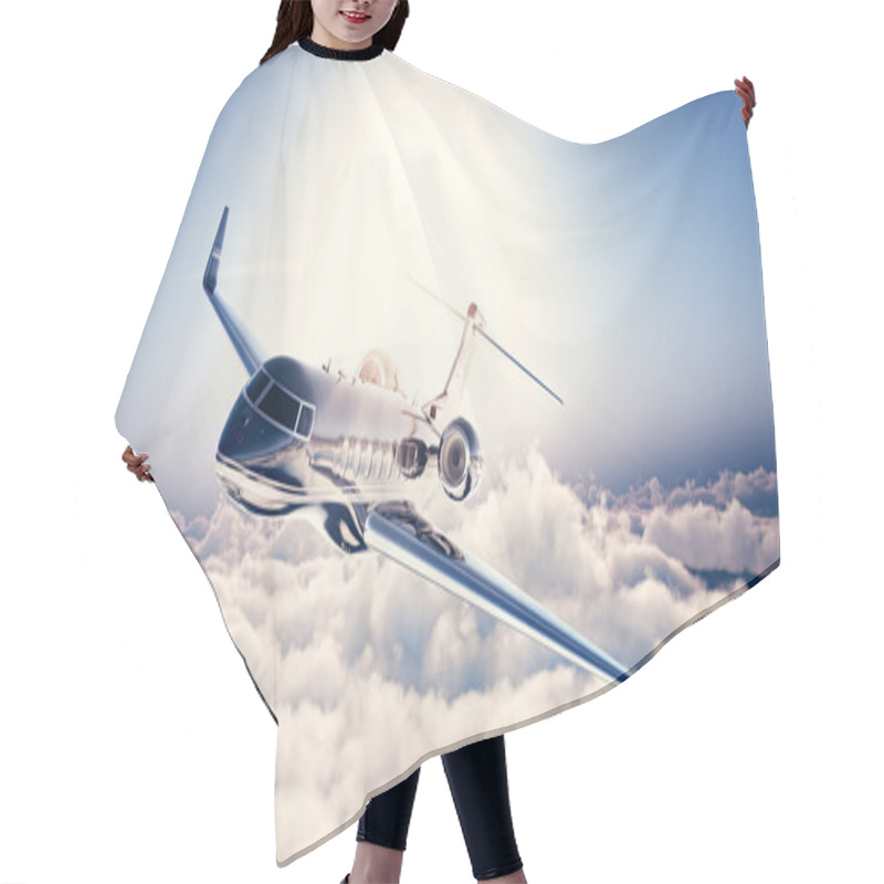 Personality  Photo Of Black Luxury Generic Design Private Jet Flying In Blue Sky. Huge White Clouds And Sun At Background. Business Travel Concept. Horizontal. 3d Rendering Hair Cutting Cape