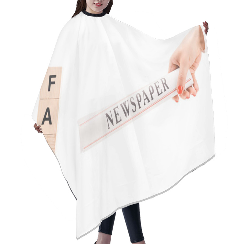 Personality  Cropped View Of Woman Holding Newspaper Near Wooden Blocks With Fact Lettering Isolated On White Hair Cutting Cape