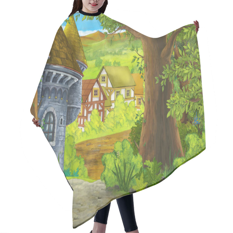 Personality  Cartoon Summer Scene With Path To The Farm Village - Nobody On The Scene - Illustration For Children Hair Cutting Cape