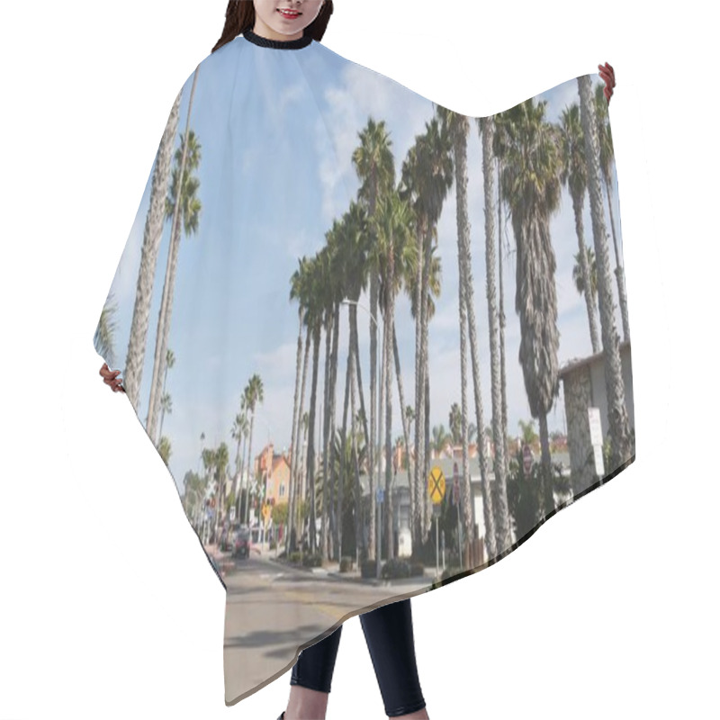 Personality  Oceanside, California USA - 27 Jan 2020: Palm Trees On Typical American Street, Pacific Coast Tropical Resort. Auto Transport On Road, Generic City View. Railroad Level Crossing, Railway Red Signal. Hair Cutting Cape