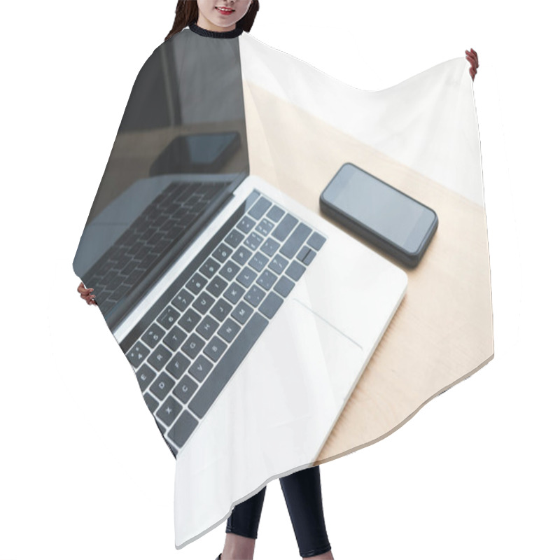 Personality  Laptop And Smartphone With Blank Screens On Wooden Table  Hair Cutting Cape