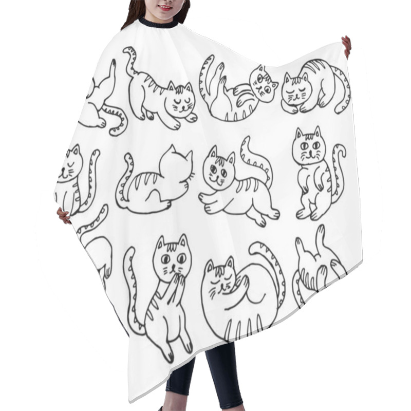 Personality  Illustration For Children, Set Of Hand-drawn Funny Cats In Different Poses, Contour Doodles, For Textiles, Wallpaper Hair Cutting Cape