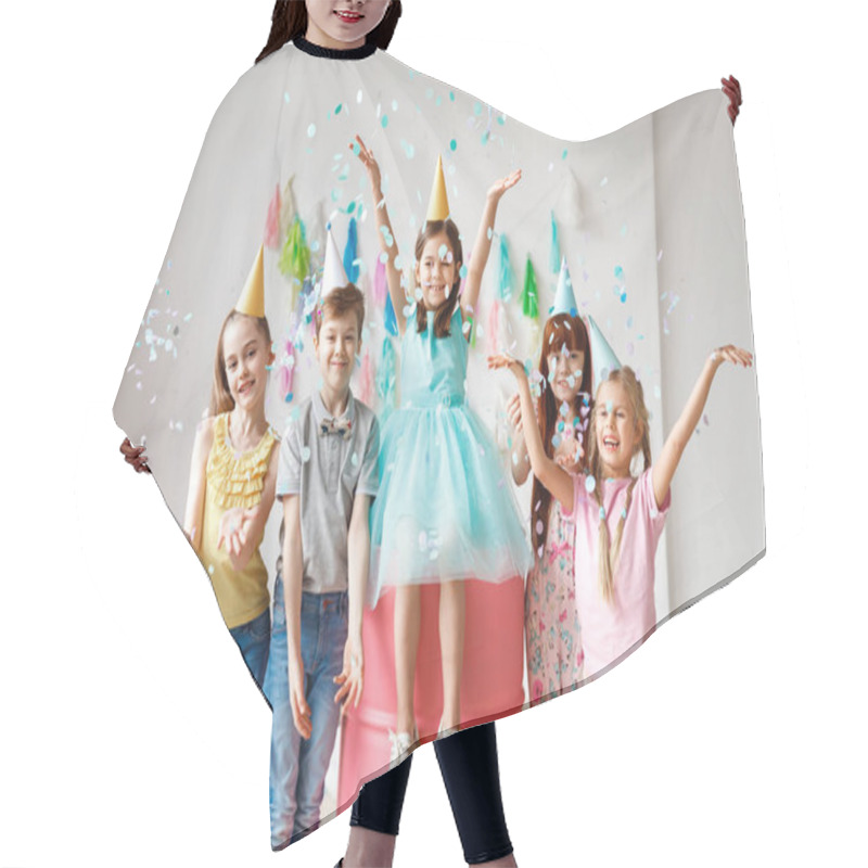 Personality  Adorable Kids Have Fun Together, Throw Colourful Confetti, Wears Cone Hats, Have Fun At Birthday Party, Play Together In Different Games, Spend Time In Decorated Room. Children And Events Concept Hair Cutting Cape